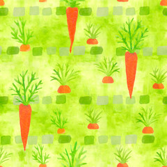 A seamless pattern with watercolor drawings of orange spring carrots. Hand painted illustration with watercolour vegetables above brush strokes for scrapbooking.