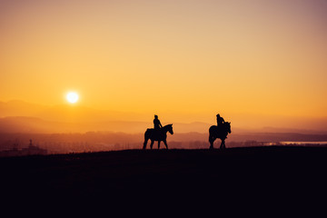 Fototapeta na wymiar Two Horse Riders on Silhouetted on Sunset Field, Beautiful Peaceful Sport Landscape
