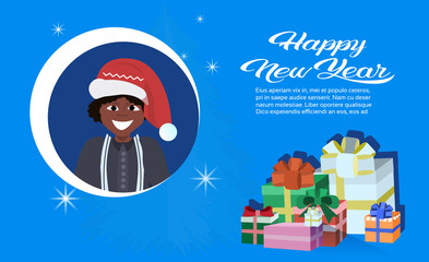 african american boy face avatar red hat happy new year merry christmas concept present gift box decoration flat male portrait horizontal copy space vector illustration