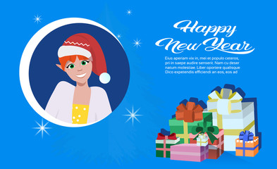 redhead woman face avatar red hat panda costume happy new year merry christmas concept present gift box decoration flat female portrait horizontal copy space vector illustration