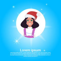 woman face avatar red hat happy new year merry christmas concept flat female cartoon character portrait blue background copy space vector illustration