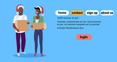 african american couple woman man santa red hat holding paper parcel box delivery concept happy postman male female cartoon character full length flat horizontal copy space vector illustration