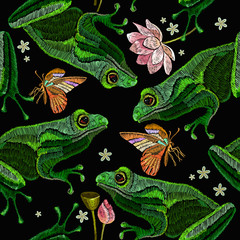 Obraz na płótnie Canvas Embroidery frogs, lotus flowers and butterfly seamless pattern. Clothes template, t-shirt design