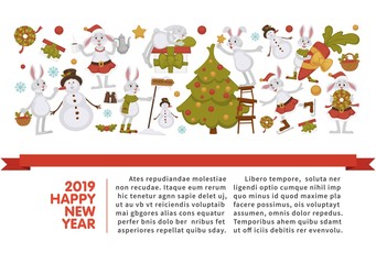 2019 New year celebration, bunny with snowman winter character vector.