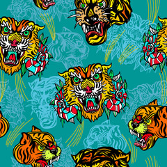 Tigers seamless pattern, old school tattoo vector. Classic flash tattoo style, patches and stickers