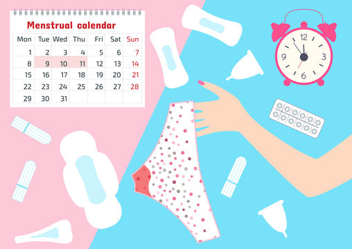 Vector illustration of pants with menstrual blood spots in women monthlies period, tampon, cap and pads. Feminine hygiene in Menstrual periods. Woman critical days, hygiene protection. Menstruation.
