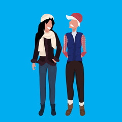 couple women wearing winter clothes female cartoon character full length blue background flat vector illustration