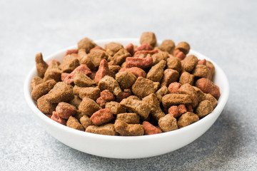 Dry cat food in a ceramic plate.