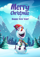 Vector illustration the cartoon snowman greeting card