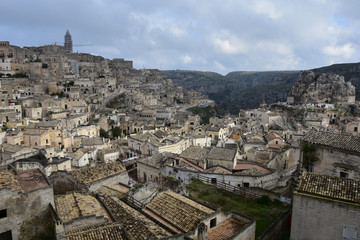 Fototapeta na wymiar View to the old town of Matera, Italy in a cloudy day