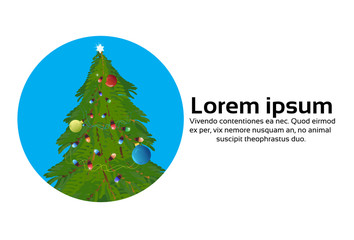 fir tree decorated colorful balls happy new year merry christmas concept flat copy space horizontal vector illustration