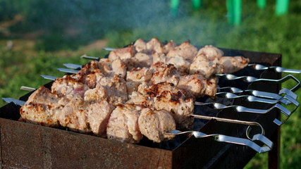 pieces of meat fried on the grill