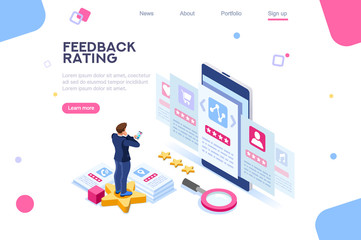 Opinion, user choice support to approve human rate. Measurement experience images. Vote and evaluation. Isolated status of business recommendation. Web recommend background, flat isometric vector