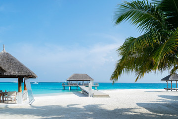 restaurant over water, romantic place for honeymoon vacation, summer on exotic island, Maldives landscape