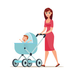 Walking happy family. Cartoon style vector illustration.  Young smiling mother walks with her son. The son is sitting in the pram.