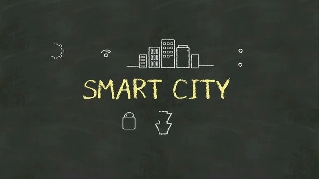 Chalk drawing of 'SMART CITY' and various connected smart city icon animation.