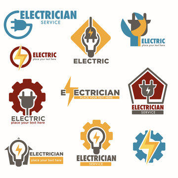 Electrician service and electric sockets with bulbs logos set