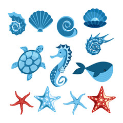 set of sea creatures. flat style