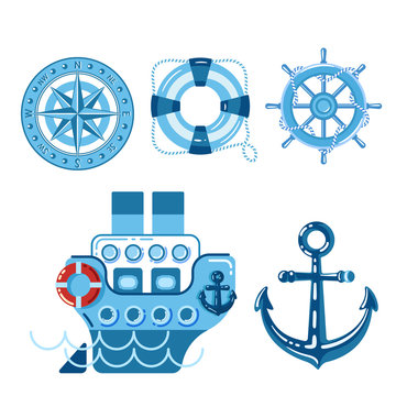 sea set of ship, sailboat, sea gear. flat style