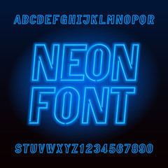 Blue neon tube alphabet font. Neon color oblique capital letters and numbers. Stock vector typeface...
