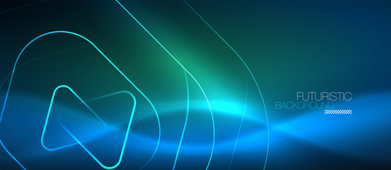 Neon glowing techno lines, hi-tech futuristic abstract background template with geometric shapes