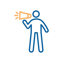 Obraz premium Vector trendy thin line icon with a man and a loudspeaker. Illustration of a person with a megaphone for concepts related with communication