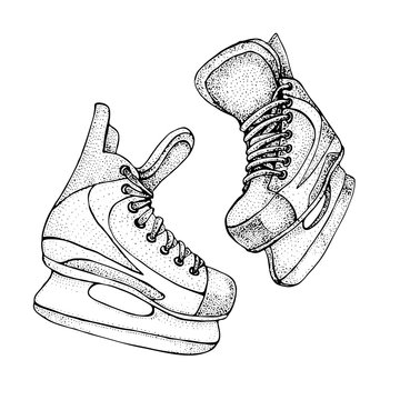 Winter holidays card with ice skates cartoon sketch. Ice hockey skates. Hand drawn vector illustration isolated on white background...