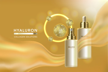 Beauty product, gold cosmetic containers with advertising background ready to use, luxury skin care ad. illustration vector.	