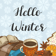 Hello winter. Illustration with a plaid, cookies, cocoa and spices