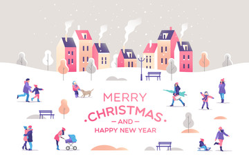 Fototapeta na wymiar Merry Christmas and a Happy New Year greeting card. Snowy street. Urban landscape with people. Vector illustration.