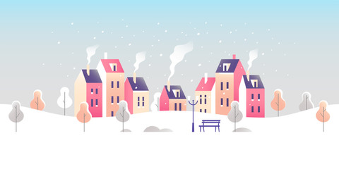 Winter cityscape. Snowy street in small town. Vector illustration.