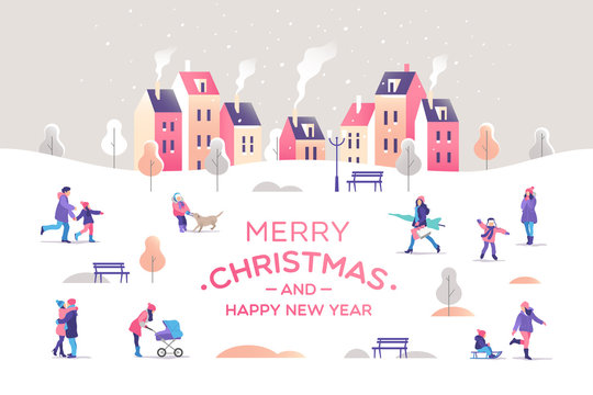 Merry Christmas and a Happy New Year greeting card. Snowy street. Urban landscape with people. Vector illustration.