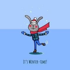 cute rabbits ice-skate illustration