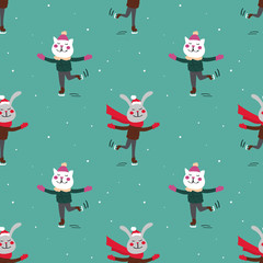 cute rabbits and cats ice-skate seamless pattern