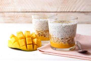chia pudding with mango, granola and honey. Healthy dessert, proper nutrition, super food.