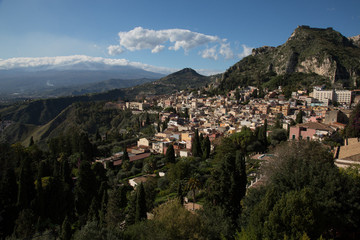 Fototapeta na wymiar View of the mountains and town of Taormina, Sicily