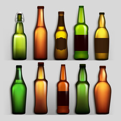 Fototapeta na wymiar Beer Bottles Set Vector. Different Empty Glass For Craft Beer Green, Yellow, Brown. Mockup Blank Template For Product Packing Design Advertisement. Isolated Realistic Illustration