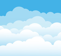 Sky and clouds. Cartoon cloudy background. Heaven scene with blue sky and white cloud. Vector illustration. Background scene cloud, heaven cloudy cumulus in air