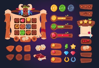 Cartoon game ui. Wooden buttons, sliders and icons. Interface for 2d games, app gui vector design. Game wood interface, gui application panel illustration - obrazy, fototapety, plakaty