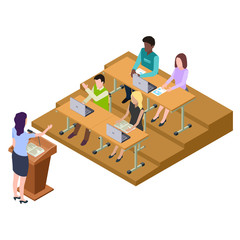 International students on lecture, seminar isometric vector illustration. Education and seminar isometric, student on lecture