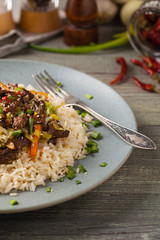 Traditional Korean Bulgogi dish.  Thinly cut, grilled beef, served with rice and vegetables.