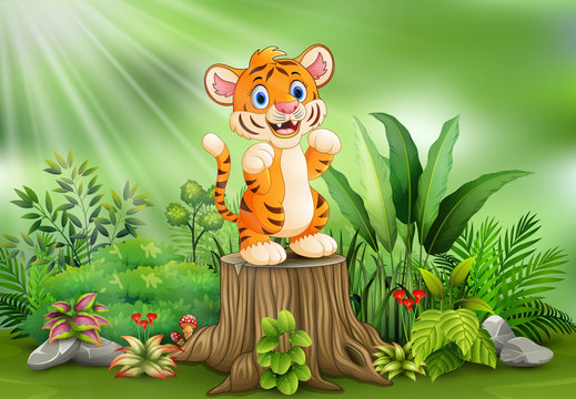 Cartoon of a tiger standing on tree stump with green plants