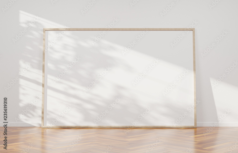 Poster large horizontal frame leaning on a white wall 3d rendering