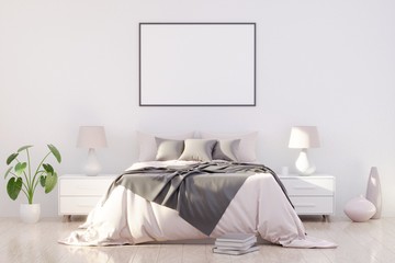 Bright and cozy modern bedroom interior design, light walls, gray blanket,soft pillows, white furniture. 3D render.