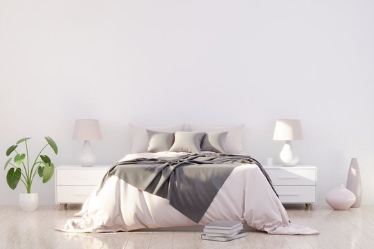 Bright and cozy modern bedroom interior design, light walls, gray blanket,soft pillows, white furniture. 3D render.