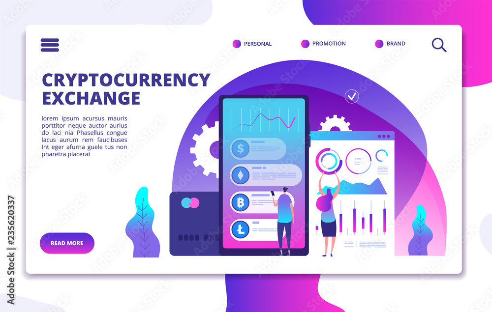 Wall mural Cryptocurrency exchange landing page. Online crypto payment. Business marketplace web vector design. Crypto currency market, exchange litecoin and bitcoin illustration