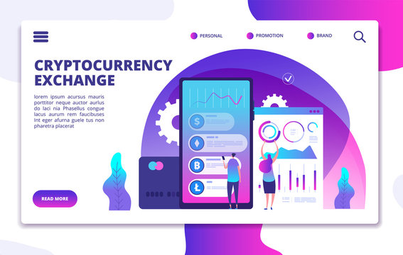 Cryptocurrency exchange landing page. Online crypto payment. Business marketplace web vector design. Crypto currency market, exchange litecoin and bitcoin illustration