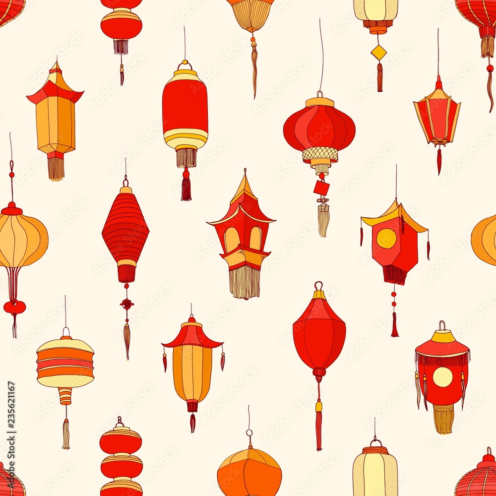 Poster seamless pattern with chinese street lanterns on light background. backdrop with beautiful oriental 