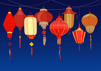 Decorative background with Chinese red paper street lanterns of various shapes and sizes © Good Studio