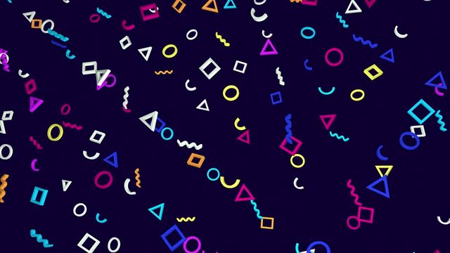 Geometric abstract looped memphis video pattern of bright glowing 3d shapes on a dark background. Alpha channel is included.